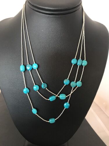 Turquoise Liquid Heishi 3 Strand Necklace | Graduated Sterling Tube | Authentic Native American Handmade | 3695