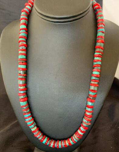 Navajo Men's Heishi Turquoise Coral Necklace | Sterling Silver | 20" | Authentic Native American Handmade | 11773