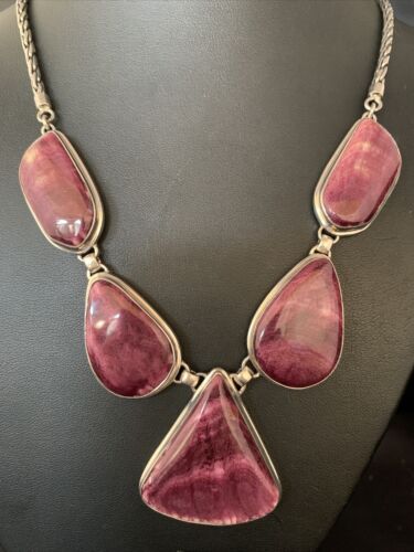Navajo Purple Spiny Oyster Necklace Choker Earrings Set | Sterling Silver Pendant | 20" | Authentic Native American Handmade | 13792