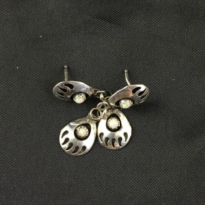 Navajo White Opal Bear Paw Dangle Earrings | Sterling Silver | 1.30" | Authentic Native American Handmade | 8694
