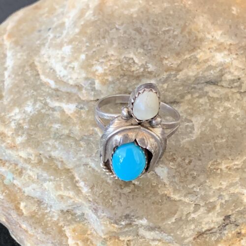 Navajo Blue Turquoise Moonstone Ring | Authentic Native American Sterling Silver | Multi-Stone | Sz 6.5 | 10770