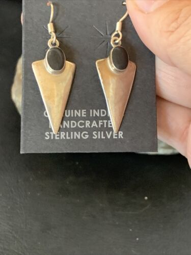 Navajo Black Onyx Drop Dangle Earrings | Sterling Silver | 1" | Authentic Native American Handmade | 12645