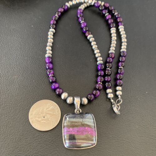 Navajo Pearls Purple Sugilite Onyx Necklace Pendant | Sterling Silver | Authentic Native American Handmade | 13396