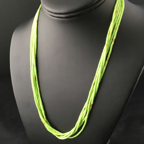 Native American Green Gaspeite Tube Heishi Necklace | 5 Strand | Sterling Silver | 19" | 10258