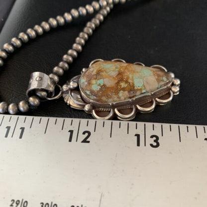 Men's Navajo Green Boulder Turquoise Pendant Necklace | Sterling Silver | Authentic Native American Handmade | 13661