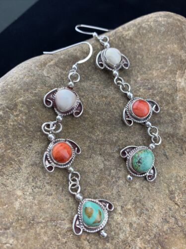 Navajo Spiny, Turquoise & Howlite Dangle Earrings | Sterling Silver | Authentic Native American Handmade | 01616