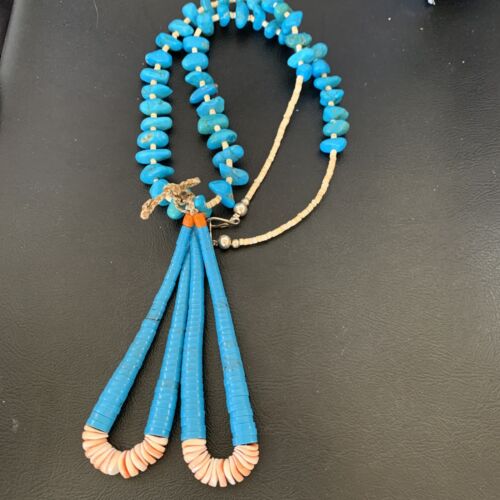 Santo Domingo Spiny Oyster Blue Turquoise Shell Jacla Necklace | 24" | Authentic Native American Handmade | 12513