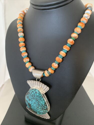 Navajo Spiny Oyster & Spiderweb Turquoise Necklace | Sterling Silver | Authentic Native American Handmade | 1757