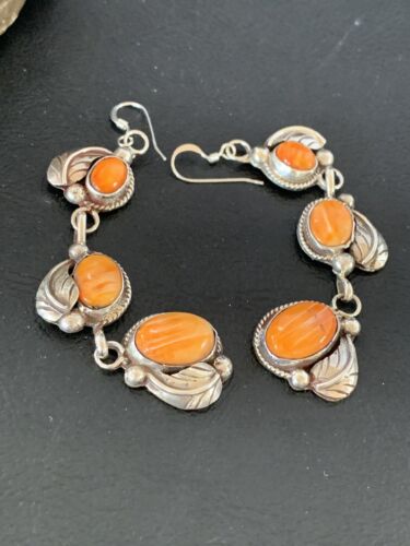 Navajo Orange Spiny Oyster Dangle Earrings | Sterling Silver | Authentic Native American Handmade | 1226