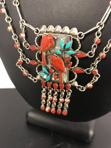 Zuni Turquoise Coral Necklace | Collectible Sterling Silver Pendant | Native American Handmade | 315