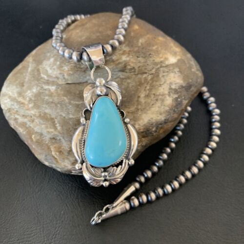 Men's Navajo Pearls Necklace with Blue Kingman Turquoise Pendant | Sterling Silver | Native American Handmade | 12592