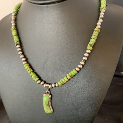 Navajo Green Gaspeite Turquoise Pendant | Sterling Silver | Authentic Native American Handmade | 13272