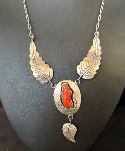 Navajo Red Coral Pendant Necklace | Sterling Silver | Authentic Native American Handmade | 18" | 14481
