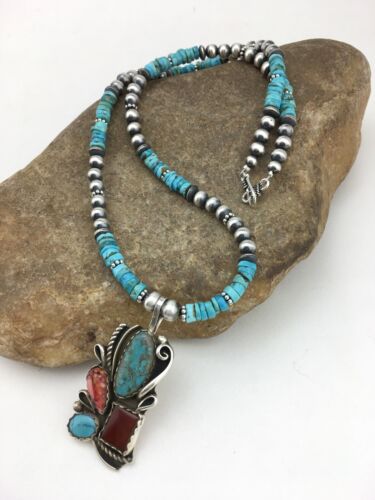 US Turquoise & Spiny Oyster Pendant Navajo Sterling Silver 20” Necklace 4836