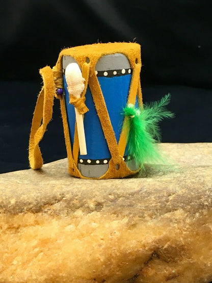 Handmade Miniature Leather Drum Car Charm | 2" Mirror Dangler | Authentic Native American | 8926