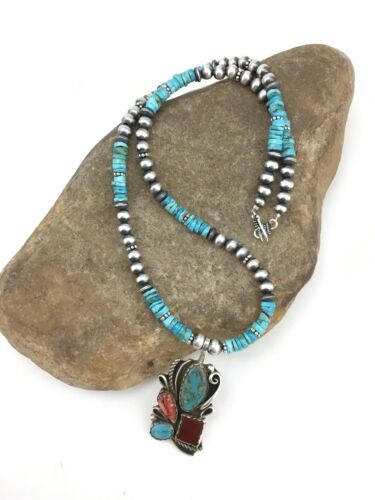 Navajo Turquoise & Spiny Oyster Pendant Necklace | Sterling Silver | 20" | Authentic Native American Handmade | 4836