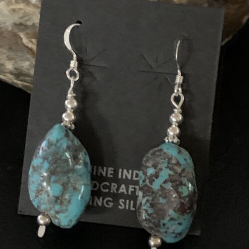 Navajo Turquoise Bead Nugget Earrings | Sterling Silver Pearls | 1" | Authentic Native American Handmade | 12891