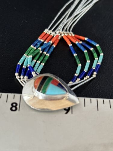 Multi-Color Liquid Silver Heishi 5-Strand Necklace | Sterling Silver Pendant | Native American Handmade | 14824 - Masha USA