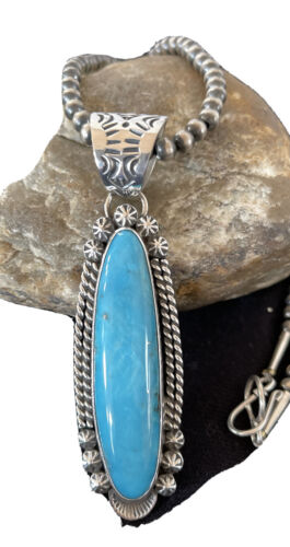 Navajo Men's Kingman Turquoise Pendant Necklace | Sterling Silver | Native American Handmade | 1069