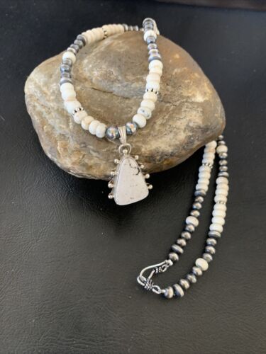 Navajo White Buffalo Turquoise Pendant Set | Sterling Silver | Authentic Native American Handmade | 12241