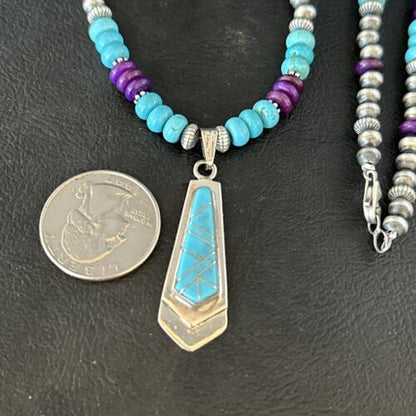Navajo Blue Turquoise Sugilite Pendant | Sterling Silver Inlay Necklace | Authentic Native American Handmade | 14641