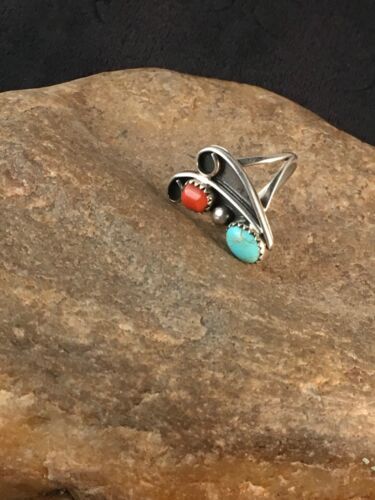 Navajo Turquoise & Coral Ring | Authentic Native American Sterling Silver | Multi-Stone | Sz 6.5 | 8714