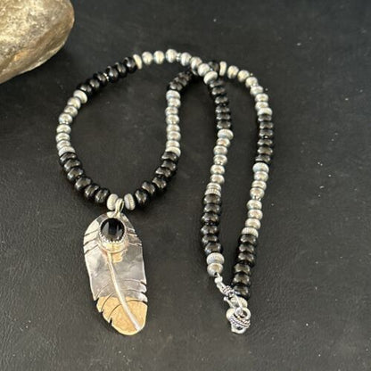 Native American Men's Navajo Pearls Necklace | Sterling Silver Black Onyx Pendant | 14627