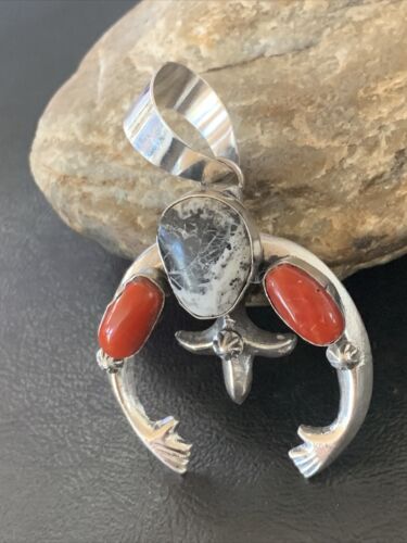 Navajo White Buffalo Turquoise Coral Naja Pendant | Sterling Silver | Authentic Native American Handmade