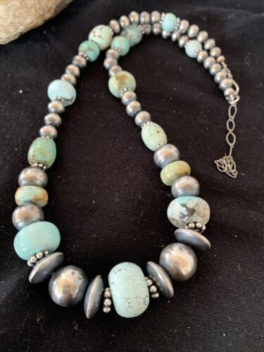 Sterling Silver Navajo Pearls Necklace | Dry Creek Turquoise Beads | Native American Handmade | 21" | 1386