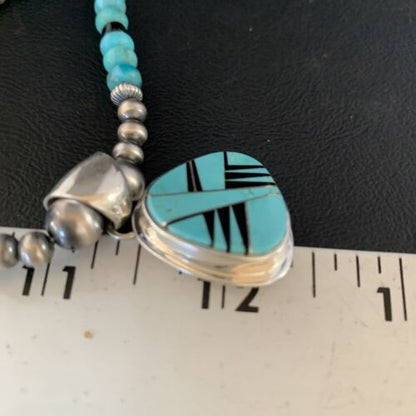 Navajo Inlay Blue Turquoise Onyx Pendant Necklace | Sterling Silver | Authentic Native American Handmade | 13656