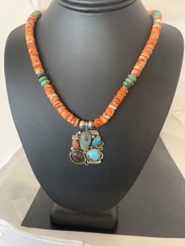 Navajo Green Turquoise and Spiny Bead Pendant Necklace | Sterling Silver | Authentic Native American Handmade | 00575