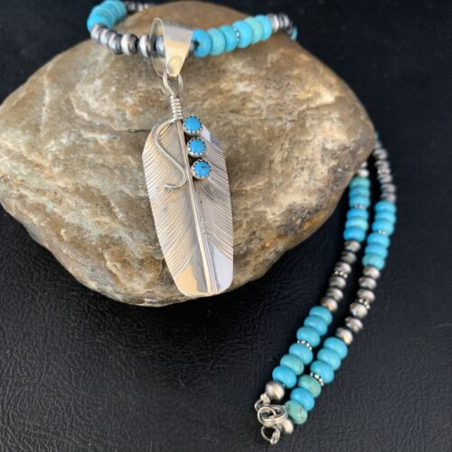 Navajo Blue Turquoise Feather Pendant Necklace | Sterling Silver | Native American Handmade | 13820