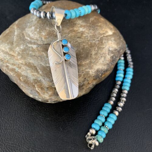 Navajo Blue Turquoise Feather Pendant Necklace | Sterling Silver | Authentic Native American Handmade | 13822