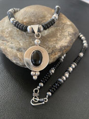 Navajo Pearls Black Onyx Bead Necklace | Sterling Silver | Authentic Native American Handmade | 2085