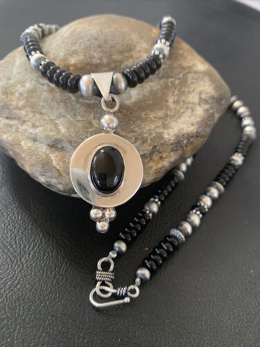 Navajo Pearls Black Onyx Bead Necklace | Sterling Silver | Authentic Native American Handmade | 2085