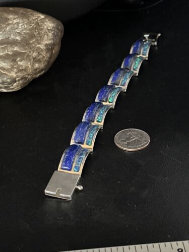 Native American Women's Blue Opal Lapis Inlay Link Bracelet | 7" | Sterling Silver | 14272
