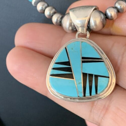 Navajo Inlay Blue Turquoise Onyx Pendant Necklace | Sterling Silver | Authentic Native American Handmade | 13656