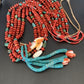Southwestern Santo Domingo Red Coral Green Turquoise 5-Strand Jacla Necklace | 38" | Native American Handmade | 12052