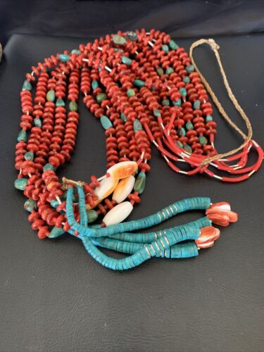 Southwestern Santo Domingo Red Coral Green Turquoise 5-Strand Jacla Necklace | 38" | Native American Handmade | 12052