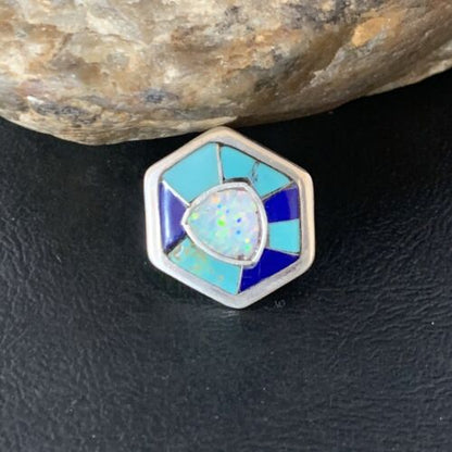 Navajo Blue Turquoise Lapis Opal Necklace Pin | Sterling Silver | 1" | Authentic Native American Handmade | 13697