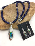 Navajo Opal Feather Multi-Color Lapis Pendant Necklace & Earring Set | Sterling Silver | Authentic Native American Handmade | 2771