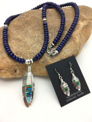 Navajo Opal Feather Multi-Color Lapis Pendant Necklace & Earring Set | Sterling Silver | Authentic Native American Handmade | 2771