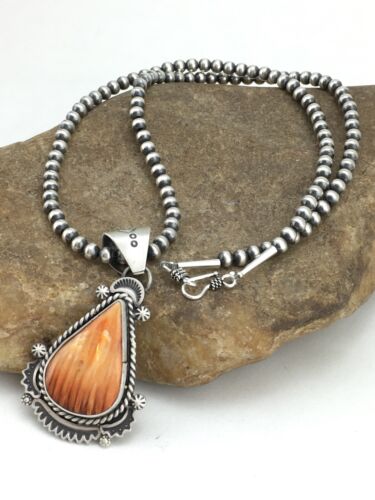 Navajo Orange Spiny Oyster Pendant Necklace | Sterling Silver Pearls | Authentic Native American Handmade | 4883