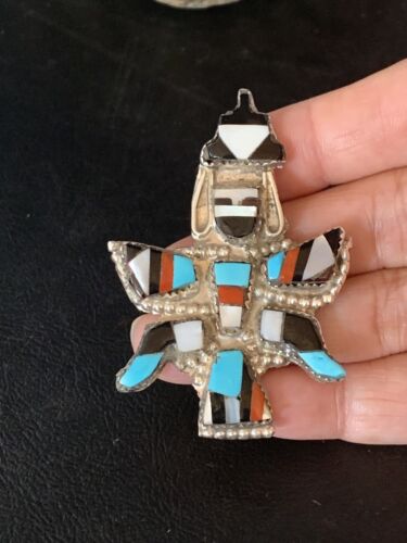 Authentic Native American Zuni Kachina Pin Pendant Necklace | Sterling Silver with Turquoise, Mother of Pearl & Onyx Inlay | 13687