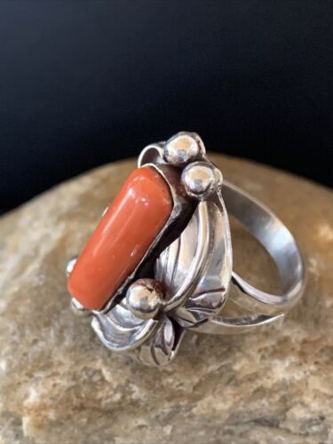 Navajo Red Coral Ring | Sterling Silver | Sz 9.5 | Authentic Native American Handmade | 01300