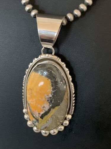 Navajo Pearls Sterling Silver Necklace | Bumblebee Jasper Pendant | Authentic Native American Handmade | 1649 - Masha USA