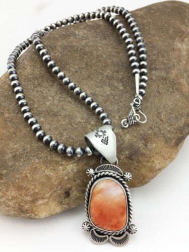 Navajo Orange Spiny Oyster Pendant Necklace | Sterling Silver | Authentic Native American Handmade | 4907