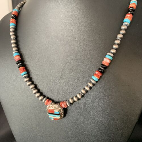 Authentic Navajo Sterling Silver Necklace | Turquoise & Onyx Multi-Color Inlay Pendant | Native American Jewelry | 13558
