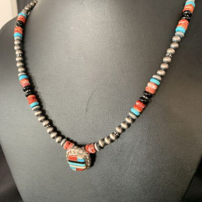 Authentic Navajo Sterling Silver Necklace | Turquoise & Onyx Multi-Color Inlay Pendant | Native American Jewelry | 13558