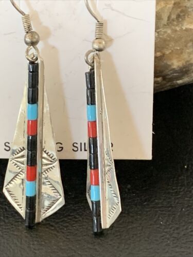 Navajo Multi-Color Turquoise Coral Lapis Inlay Earrings | Sterling Silver | 1.5" | 1710